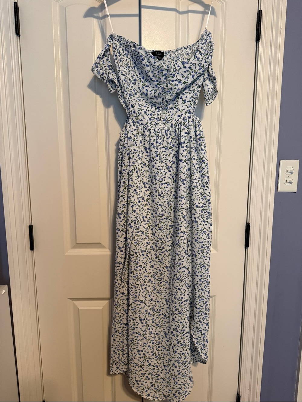 Lulu's White Maxi Dress with Blue Floral Print